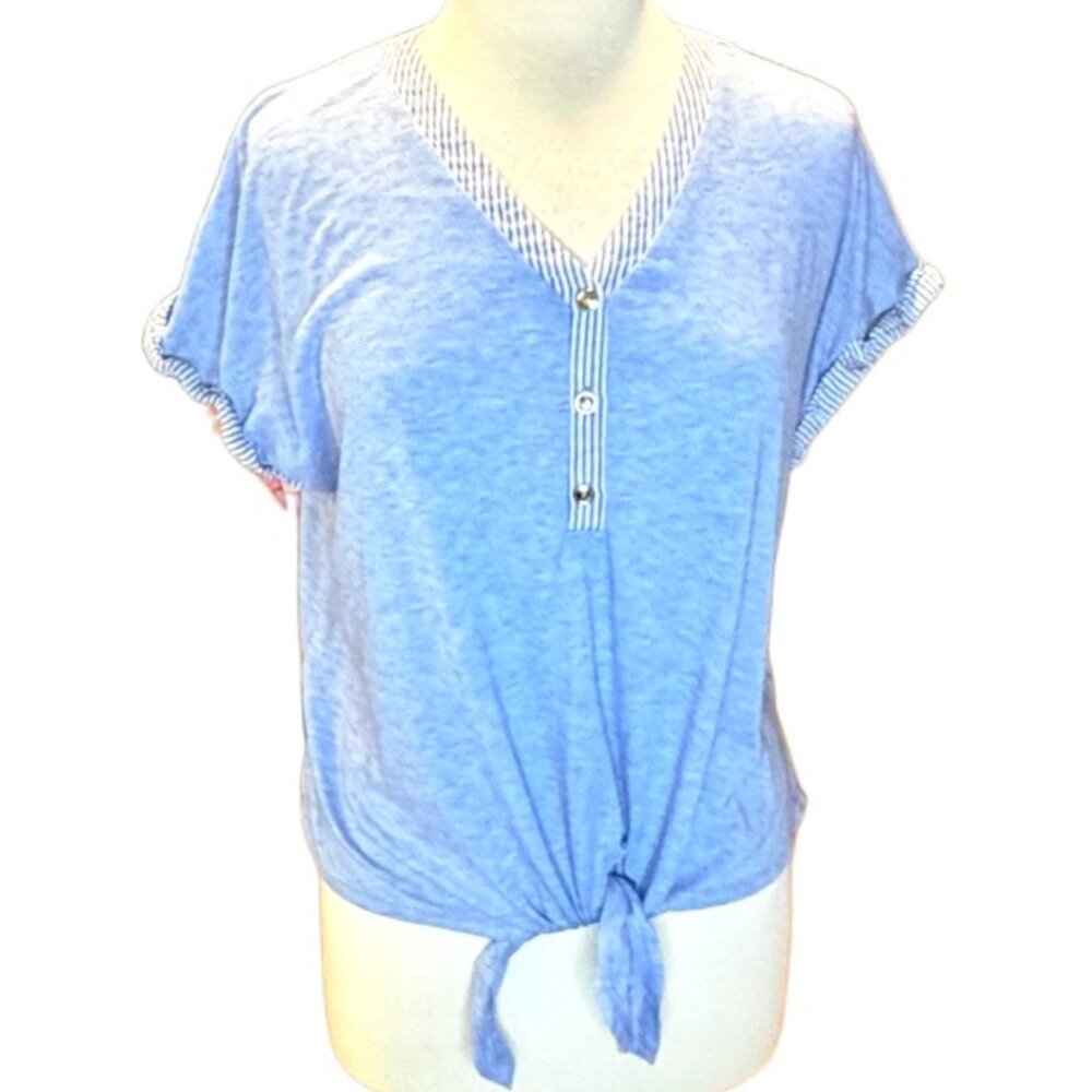 Parellel Skies Short Sleeve V-neck Tie Front Breathable Summer Top Blue Blouse